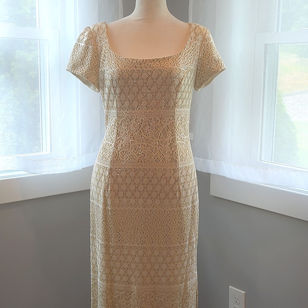 Vintage 90s Bari Jay Cream Maxi Dress With Lace Overlay And Gold Sequins